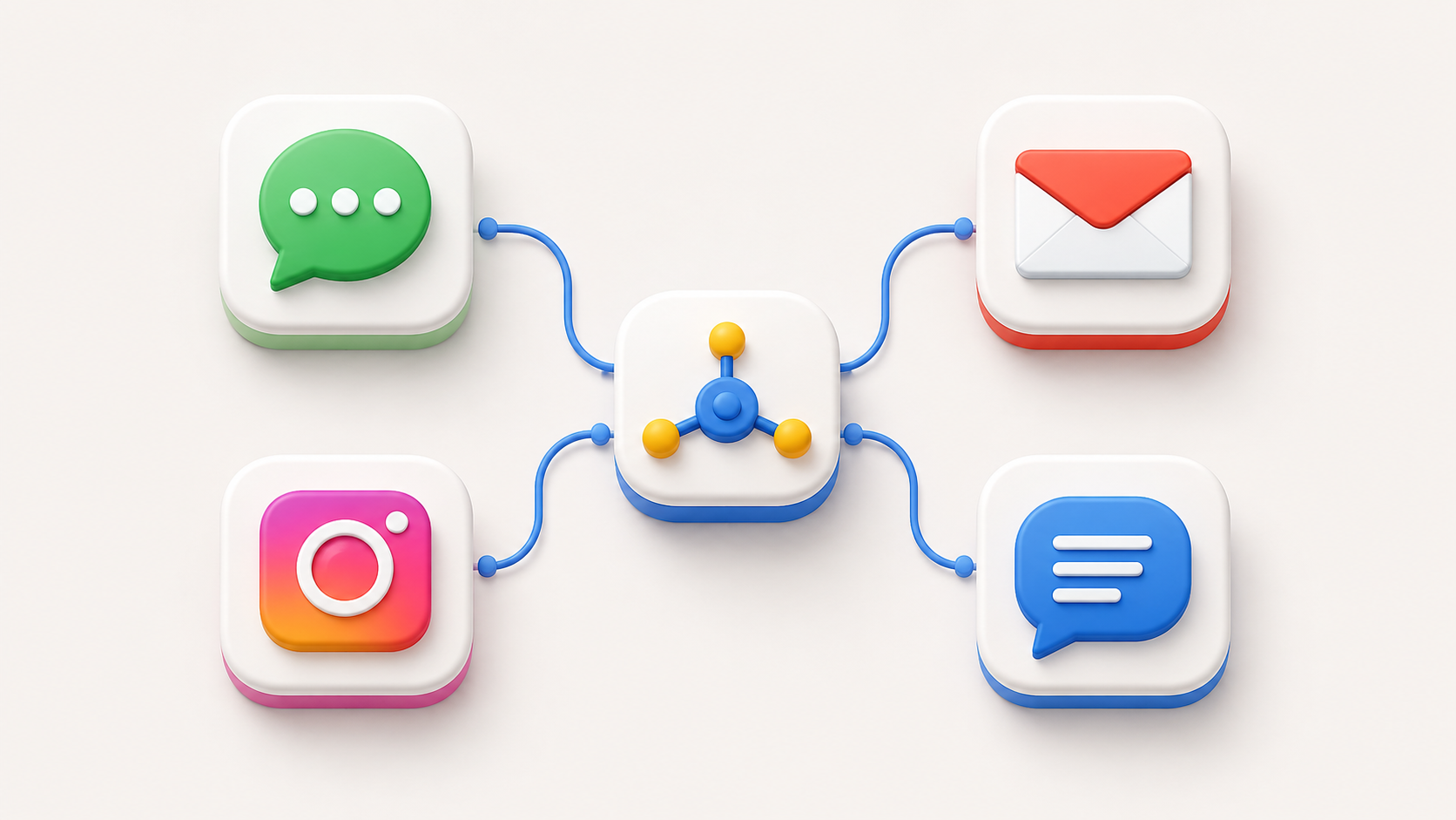 Cartoon illustration of WhatsApp connecting to an automation hub